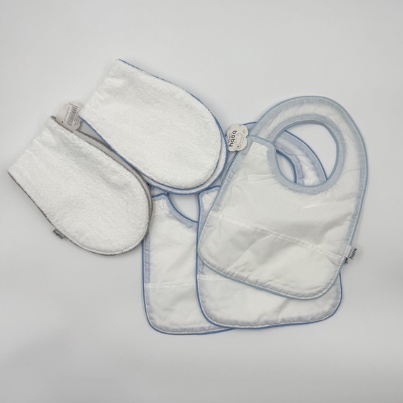 Baby Cantel Terry Bibs & Burp Cloth Set of 5 White Blue Trim Embroidered Animals - Picture 9 of 9